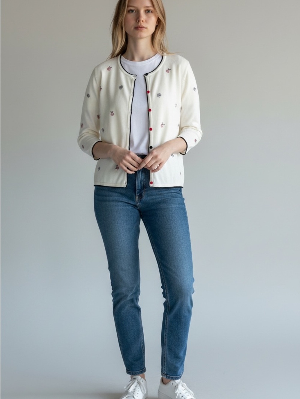 Christopher & Banks Cream Cardigan with Black Trim and Red Buttons